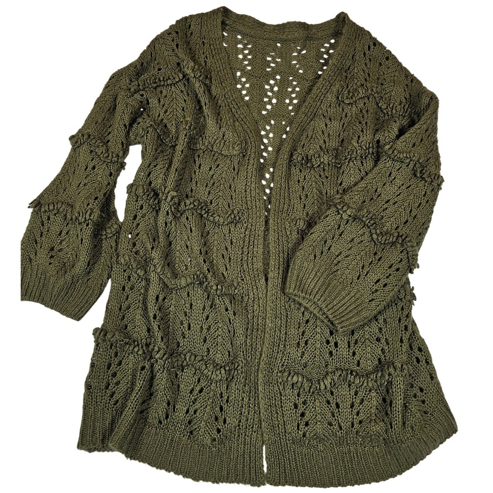 Olive Green Pointelle Knit Open Front Cardigan Boho Bobble Knit Longline XL